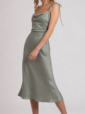 Jenny Yoo Kat Sage Green Satin Cowl Midi Dress